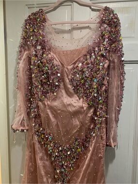 MNM Couture Dusty Pink Sequin & Crystal Embellished Long Sleeve Gown